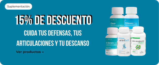 Suplementación. Descuento 15%. Cuida tus defensas, tus articulaciones y tu descanso. Haz clic para ver productos.
